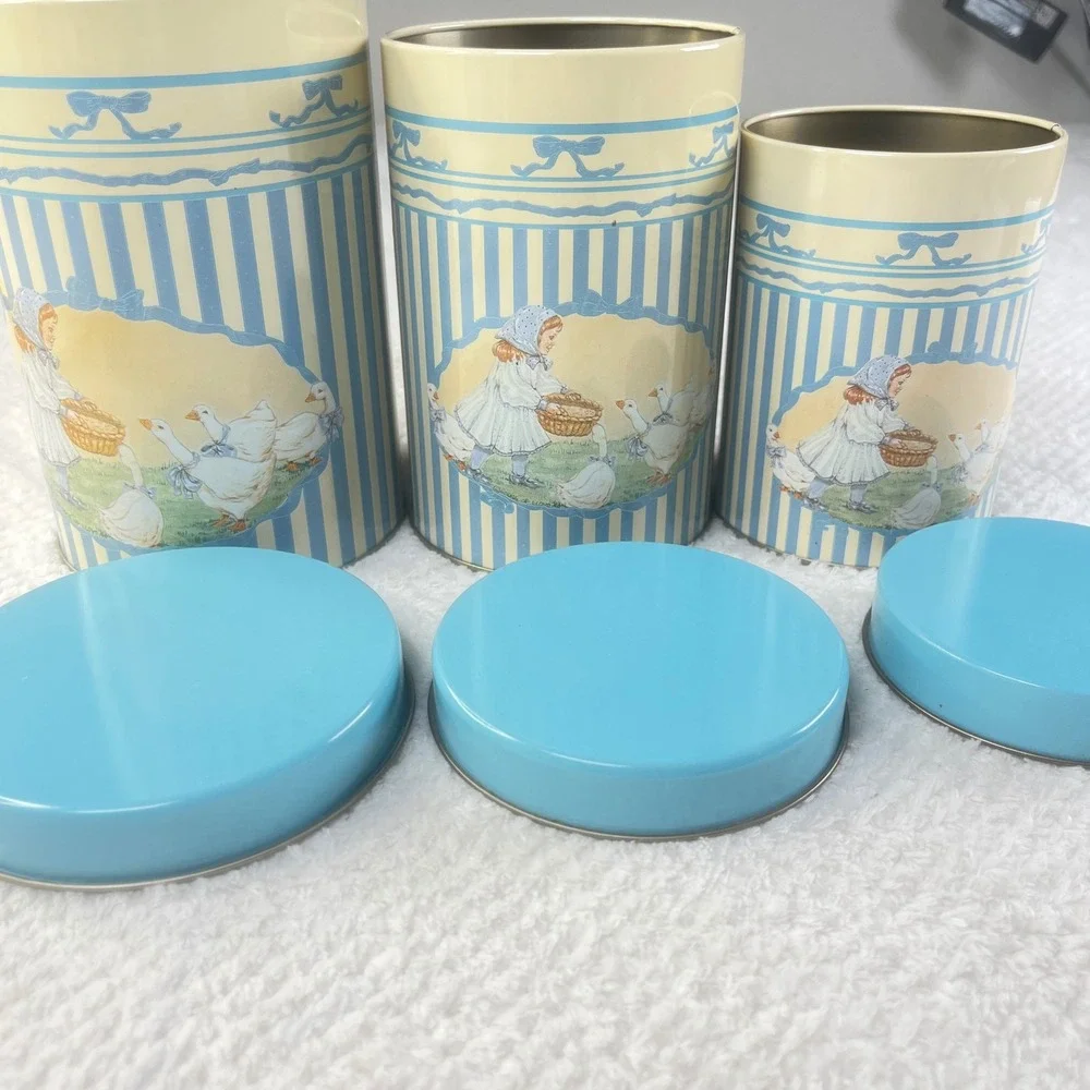Vintage Country Girl and Geese Nesting Kitchen Canister Tin Set of 3 Blue Cream